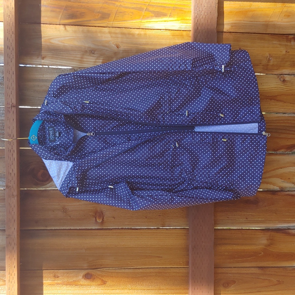 NWOT Jones New York Foldable Navy Blue Polka Dot Parka Jacket P2P 20 in.